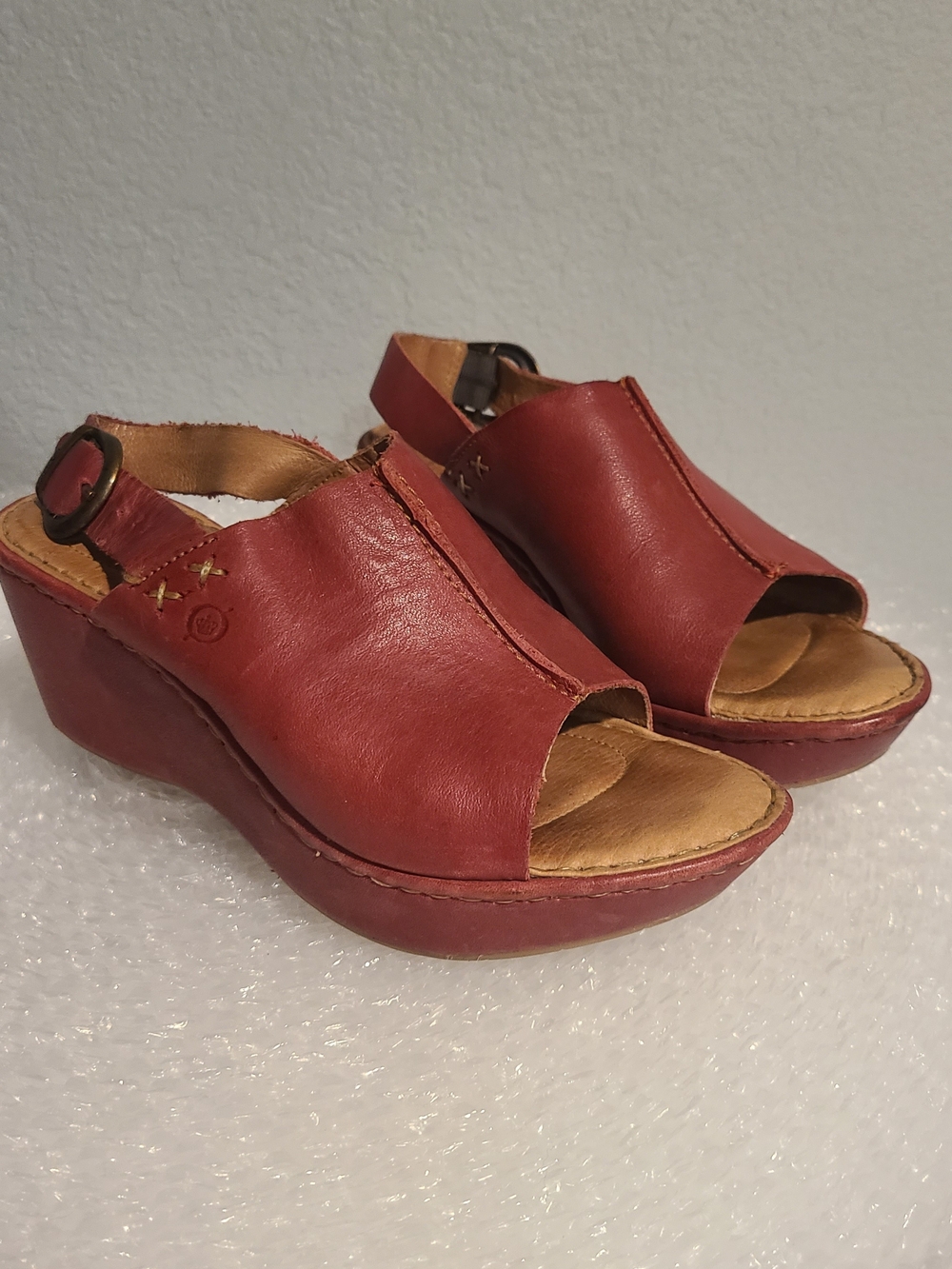 Born Women’s Red Leather Wedge Sandals - Slip-On Comfort